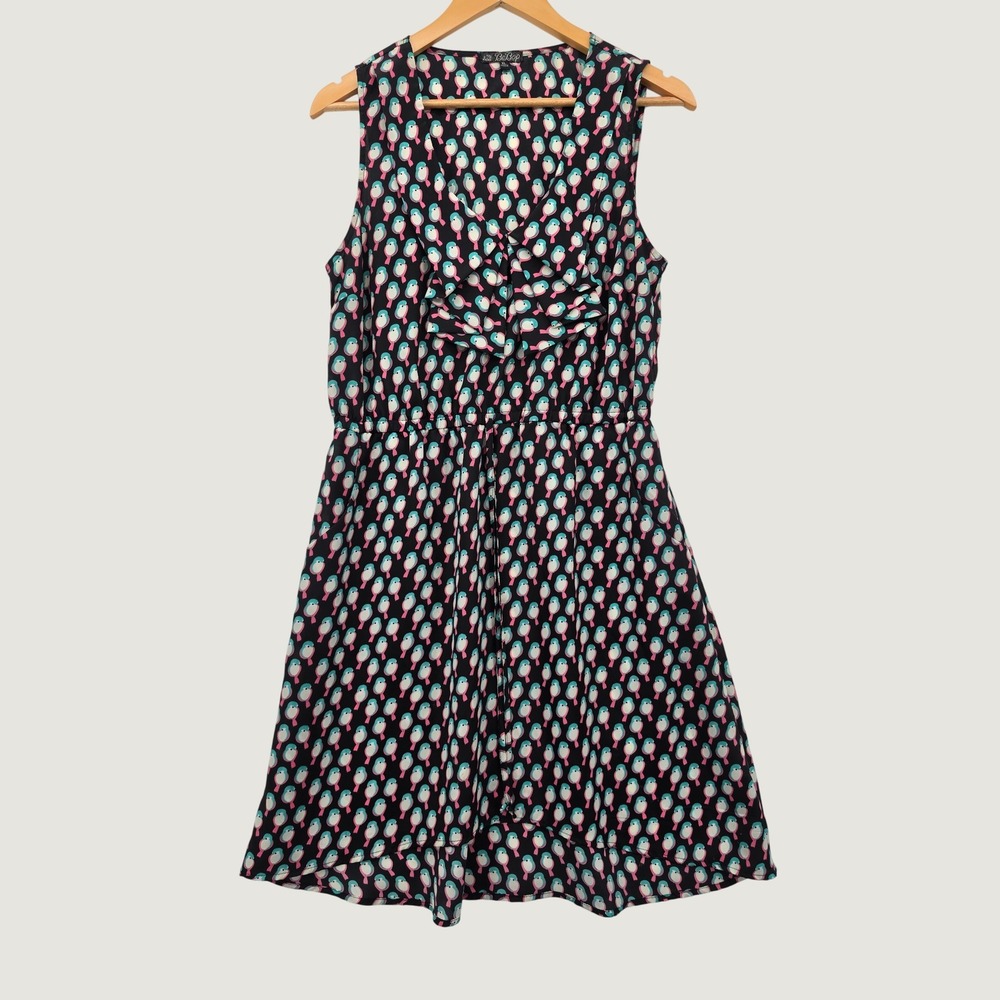 BeBop Bird Print Ruffle Neck Sleeveless Fit and Flare Dress Black Teal Pink XL